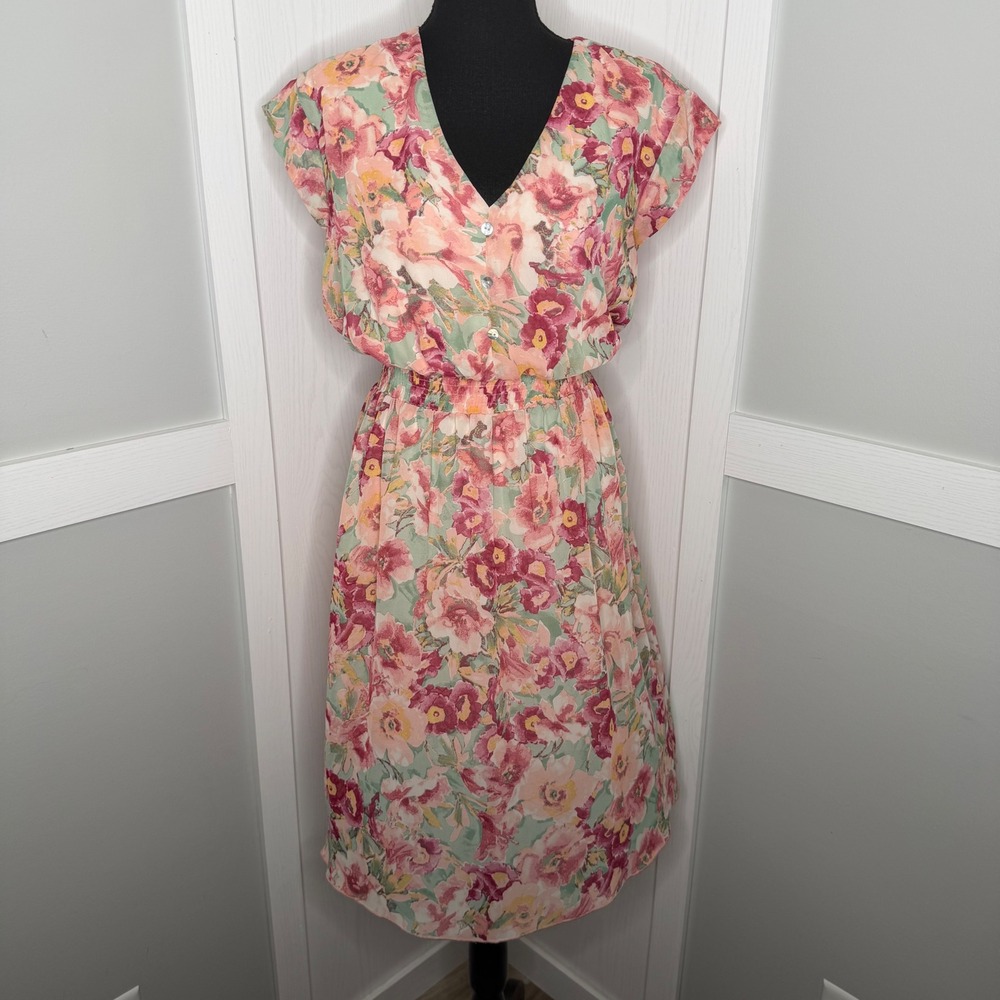 Kate & Lily Floral Midi Dress Womens 10P Pink Petite Elastic Waist V-Neck